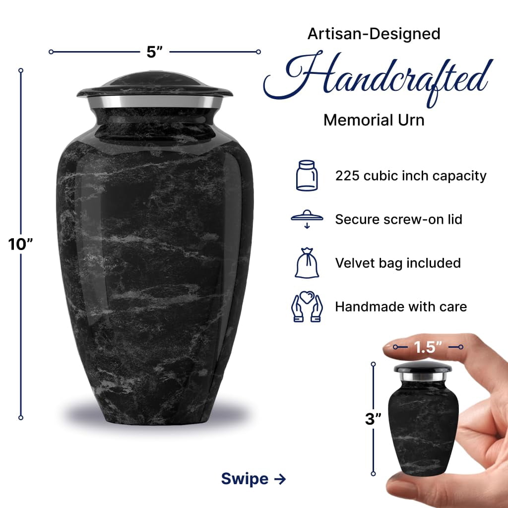 Set of 6 Cremation Urns for Human Ashes Includes 1 Large Urn with 4 Small Keepsakes & 1 Silver Necklace - Black Marble