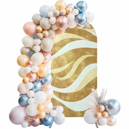 Yellow Pink Waves Arch Backdrop Cover 7.2Ft, Wedding Arch Covers Stretchy Backdrop, Ombre Sea Ripples Shabby Beach Fitted 2 Sided Arched Photo Background for Birthday Party Decorations