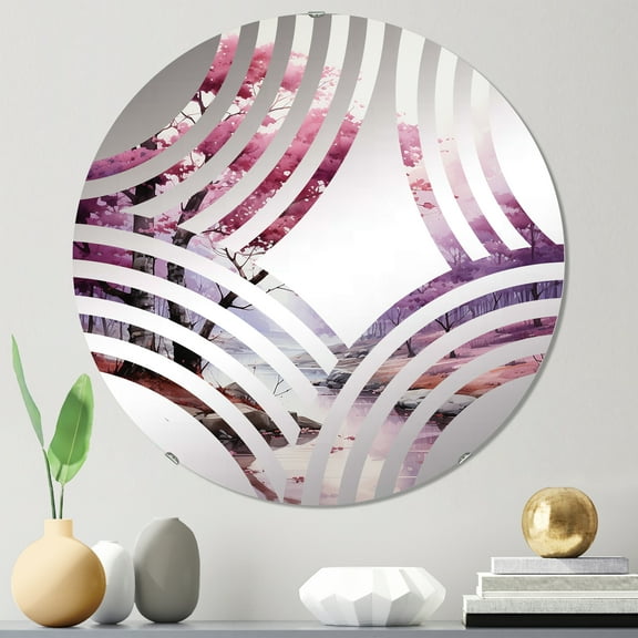 Designart "Amethyst Tinted Maples I" Tree Maple Baptist Fan Round Wall Mirror - Floral Oval Printed Decorative Mirror - Multiple Color Options