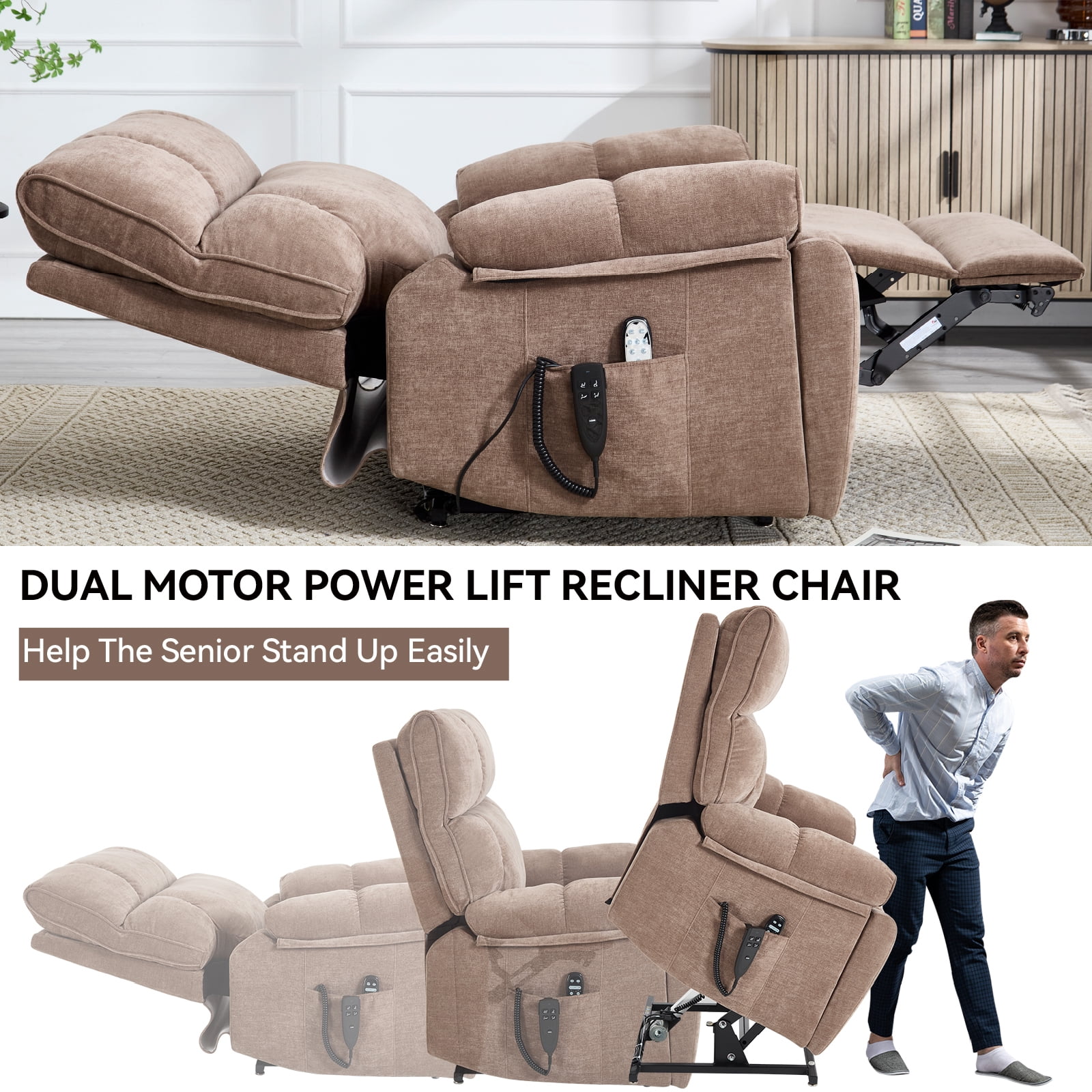 Alvantor Large Power Lift Recliner Chair for Elderly Dual Motor Chenille Electric Recliners Chair with Massage and Heat for Living Room Brown