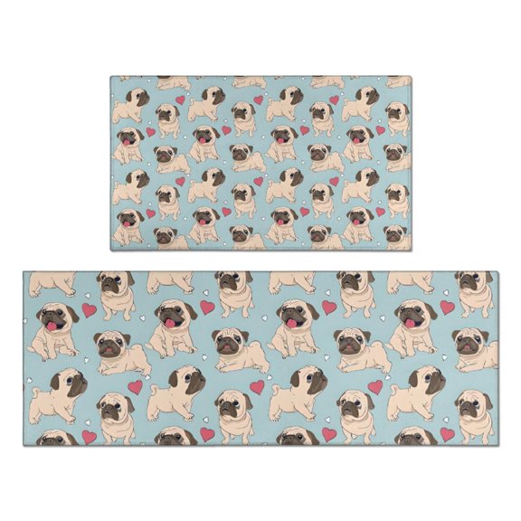 Pug and Love Heart Kitchen Rugs Sets Of 2,Anti Fatigue Kitchen Mat Rugs Non Slip Washable,Decorative Kitchen Floor Mats for Kitchen,Sink,Laundry,17"x30" 17"x47"