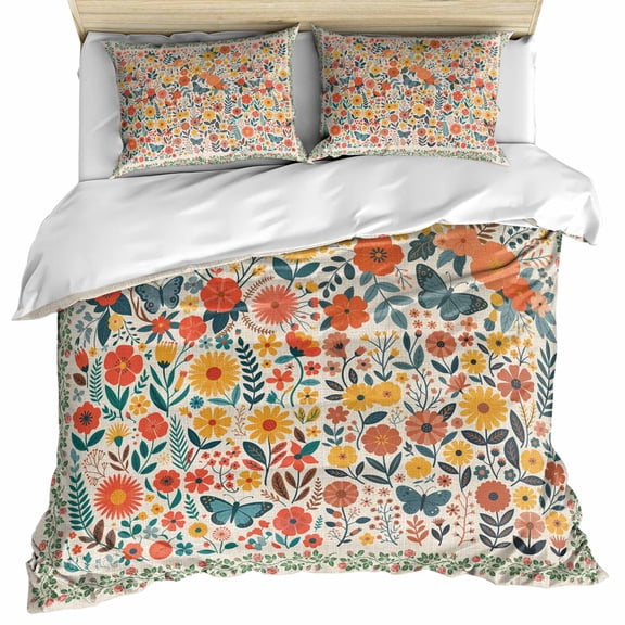 Boho Beige Flowers Bedding 3 Piece Duvet Cover Set Full Size, Spring Abstract Watercolor Floral Leaf Microfiber Comforter Cover with Zipper Closure & Pillowcases, Wrinkle & FadeResistant Quilt Cover