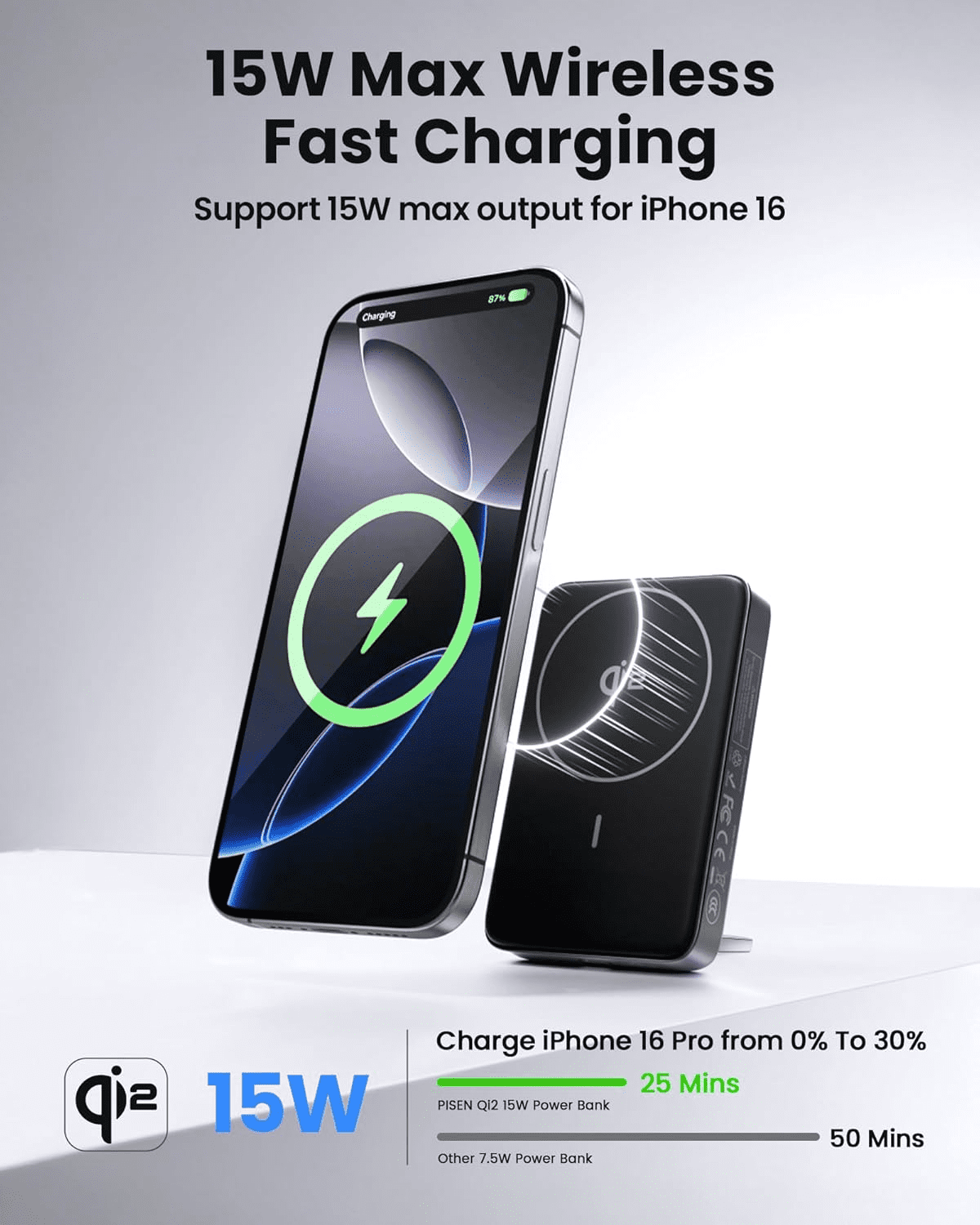 PISEN Wireless Portable Charger, Qi2 15w Wireless Battery Pack 10000mah with 30w PD Fast Charging, With Foldable Stand, Slim Flight-Safe USB C Battery Pack for Smart Phones and Tablets