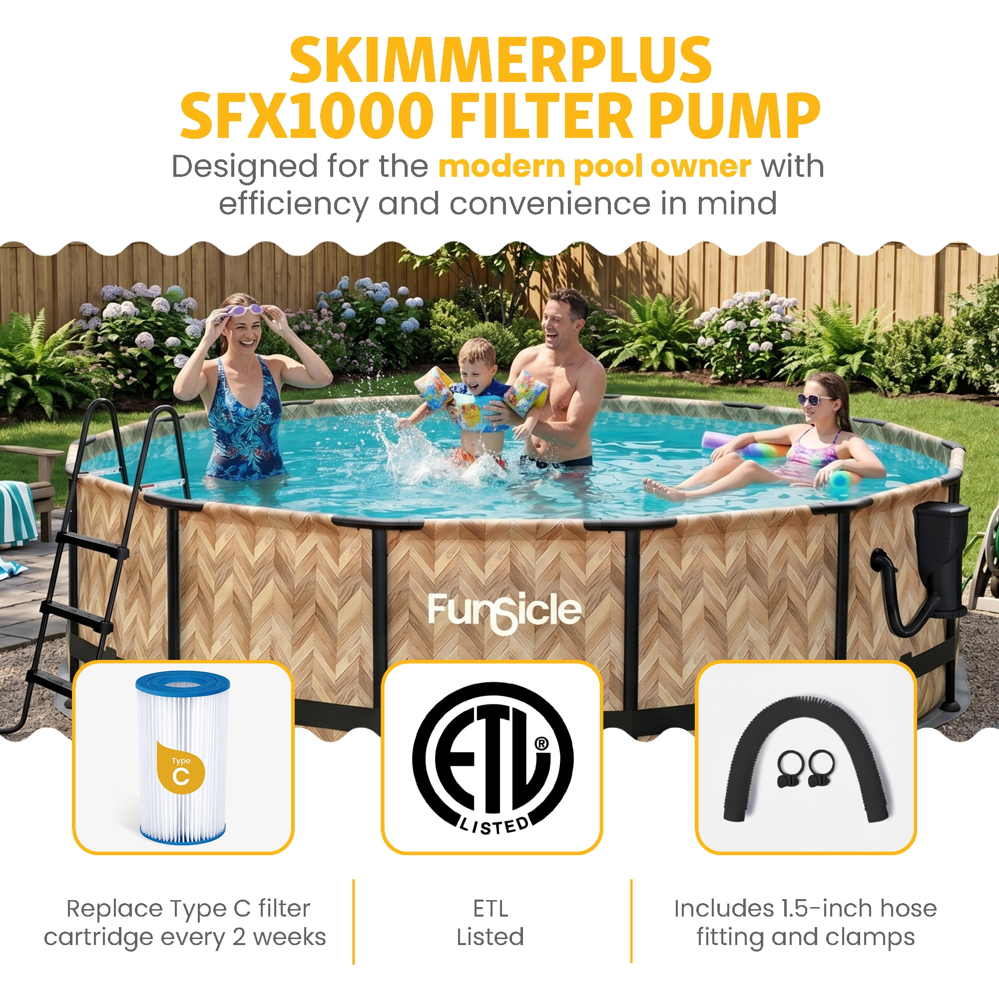 Funsicle 14ft x 42in Round Oasis Designer Above Ground Pool, Oak Herringbone with SkimmerPlus Filter Pump, Age 6 & up
