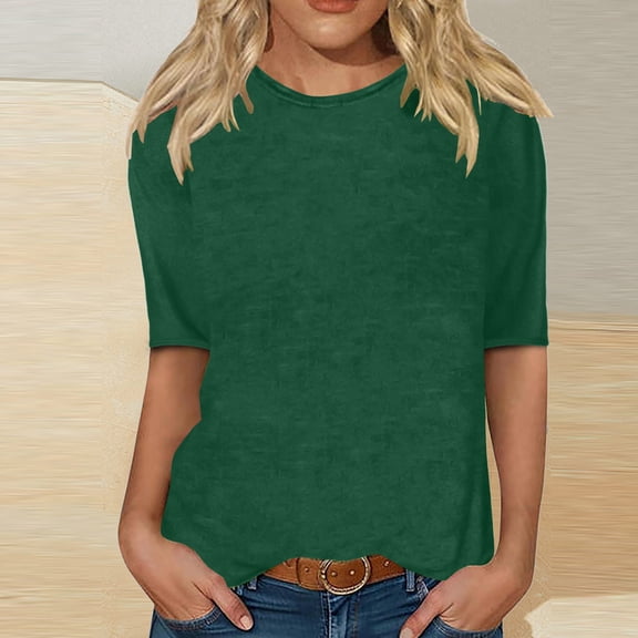 Blmnix Elbow-Length Summer Womens Tops Trendy Green Basic Solid Loose High Neck Blouse Casual Tees