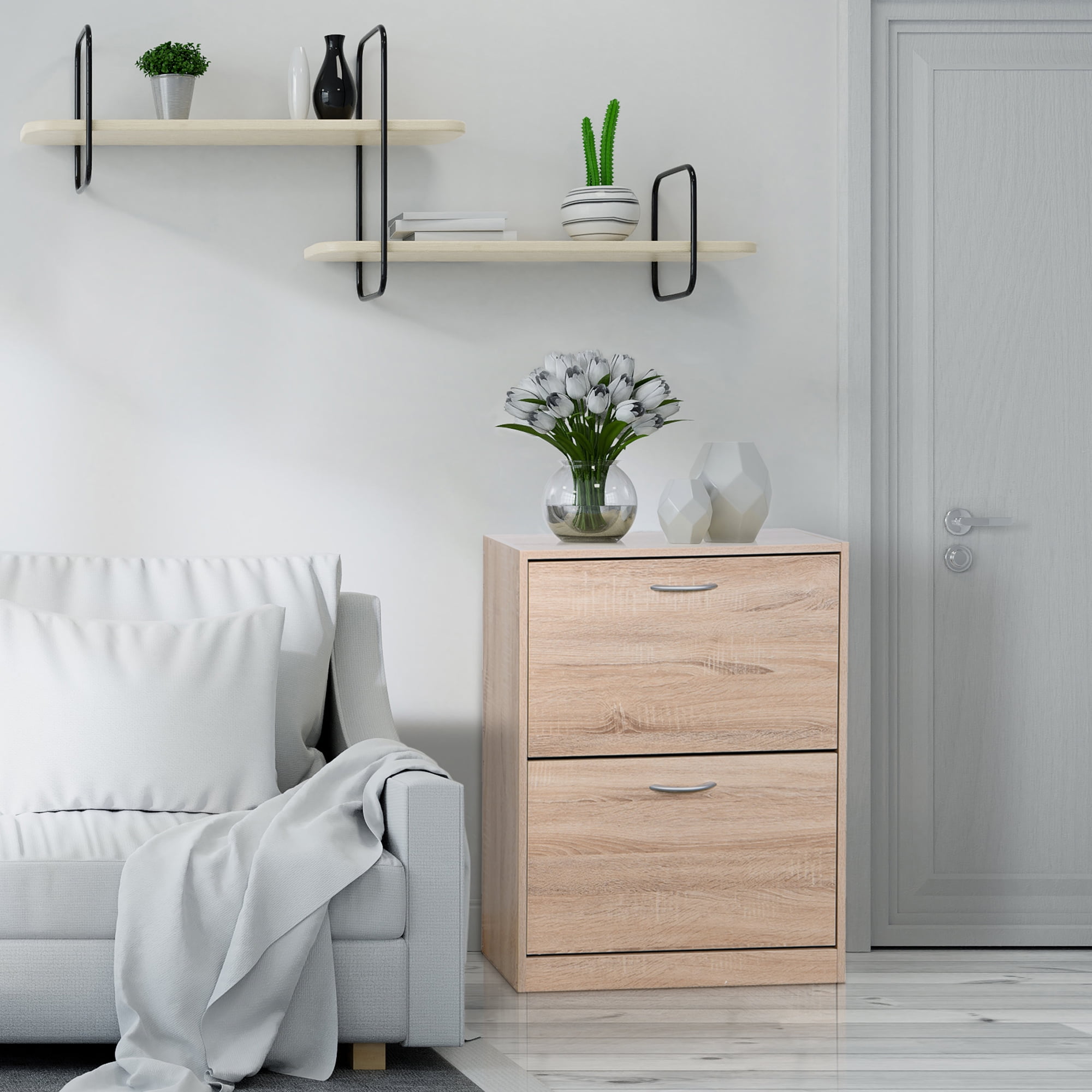 Kadyn Wooden Shoe Cabinet for Entryway, White Freestanding Shoe Rack Storage Organizer with 2 Flip Doors, Natural Kadyn Wooden Shoe Cabinet for Entryway, White Freestanding Shoe Rack Storage Organizer with 2 Flip Doors, Natural