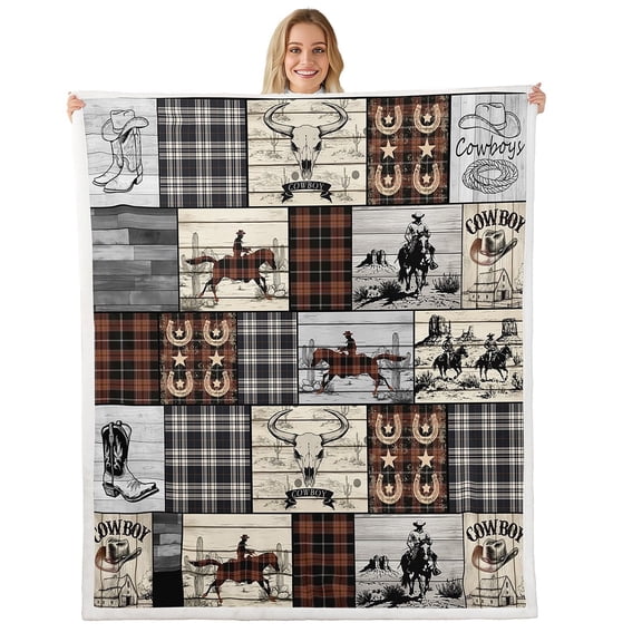 Western Fleece Throw Blanket 30"X40" Cowboy Sherpa Blanket For Bed Couch Horse Cow Print Throw Blanket Men Country Farmhouse Buffalo Plaid Check Decor Brown Black Grey