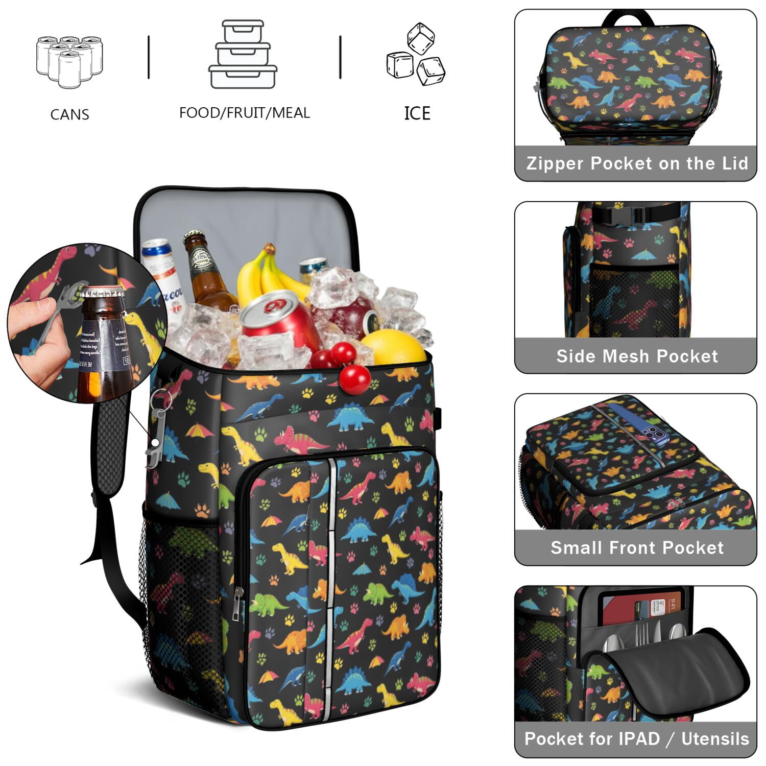 Travel Cooler Bag - Dinosaur and Paw Print Pattern Camping Beer Cooler Backpack with Bottle Opener- Waterproof Insulated Picnic Backpacks - Cooler Bag for Beach