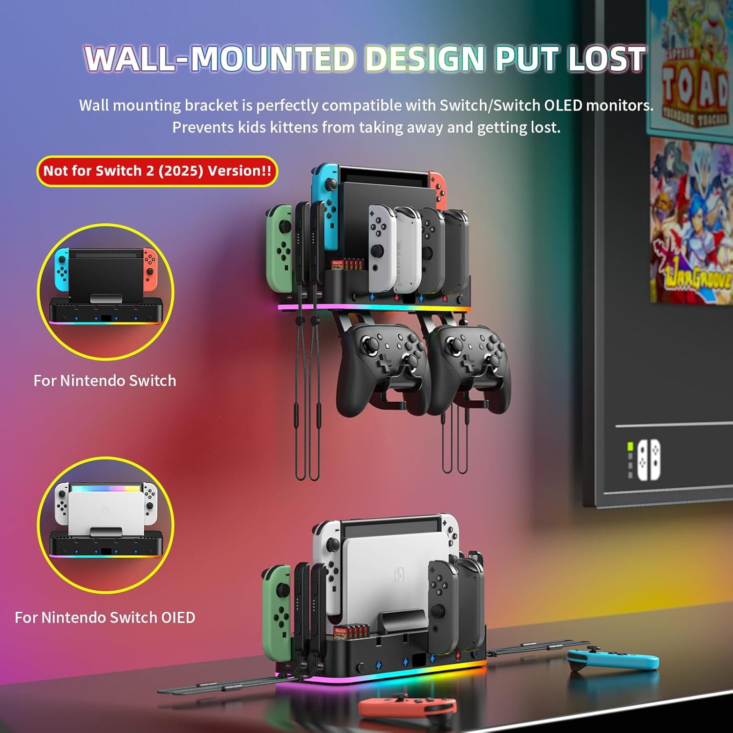 RGB Switch Wall Mount with Joy-Con Charger, Switch Holder for Nintendo Switch / OLED with Switch Organizer, Switch Accessories with 15 Light Mode, 4 Controller Charger, 2 USB Port, 10 Card Slot Black
