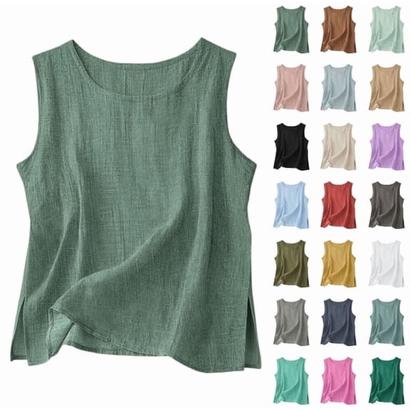 Auralook Cotton Linen Tank Tops for Women Solid Casual Summer Gauze Shirt Basic Sleeveless Round Neck Loose Vest Beach Vacation Clothes