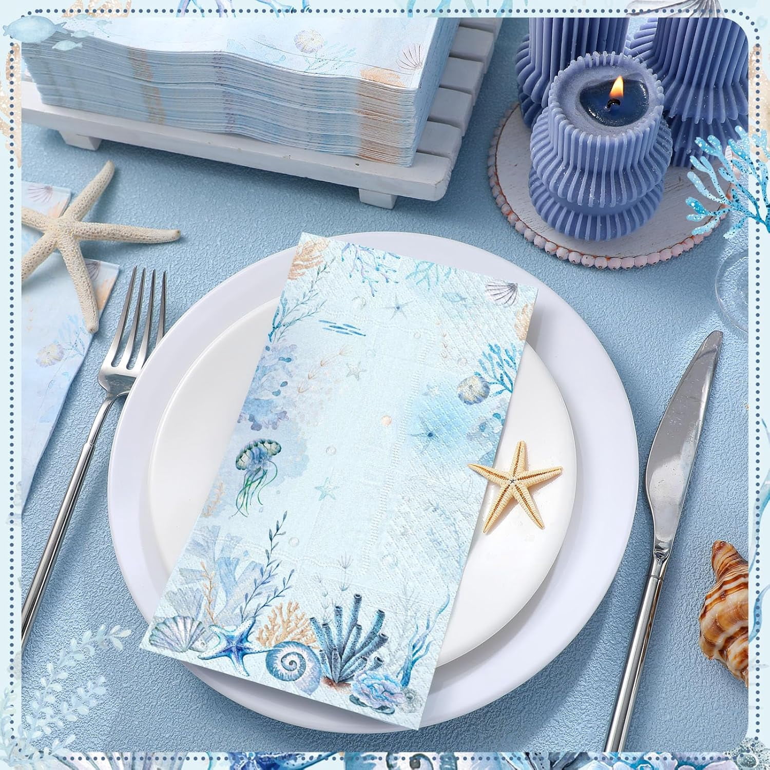 100 Pcs Christmas Coastal Paper Napkins Disposable Blue Sea Ocean Decoupage Napkins Bathroom Guest Seashell Nautical Coral Decorative Paper Towels for Kitchen Wedding Dinner Party