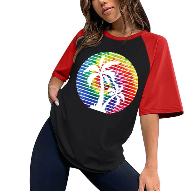 Gibobby Camiseta de manga corta para mujer Top manga raglán manga corta con cuello redondo suelto con estampado árbol informal para mujer(Negro,M)