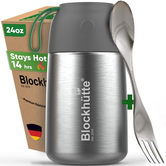 Blockhütte Food Thermos for Adults 24 oz | Wide Mouth Thermos for Soup with Spork & Brush | Stainless Steel Thermal Lunch Box 14h Hot | Insulated Lunch Containers for Travel, Work, School