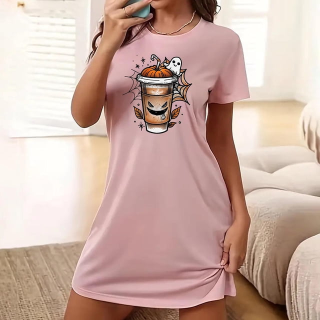 Camisón corto de talla grande para mujer, camisón de manga corta con estampado de pecho a la moda, camisón para mujer