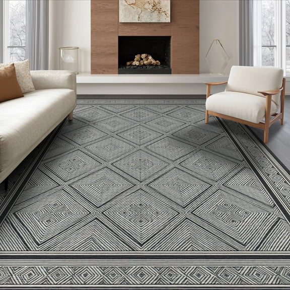 ODIKA 8'x10' Washable Area Rug Geometric Crosshatch Framework Balanced Two Tone Decorative Surface for Dining Room, Large Office, Lounge, Non-Slip Chair-Friendly Mat