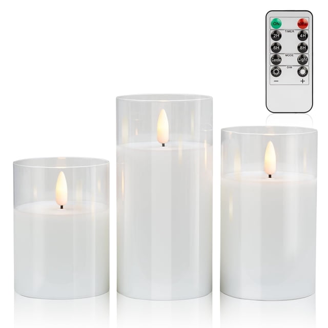 Velas sin llama COVEGE de cristal blanco puro con mando a distancia, juego de 3