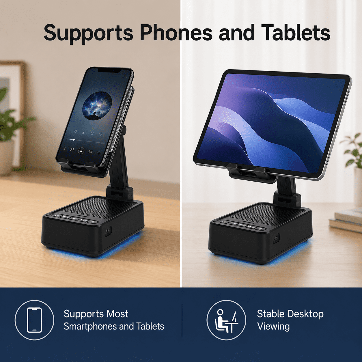 JDMEOPD Foldable Cell Phone and Tablet Stand with Bluetooth Speaker, Night Light, 5W Surround Sound, Black