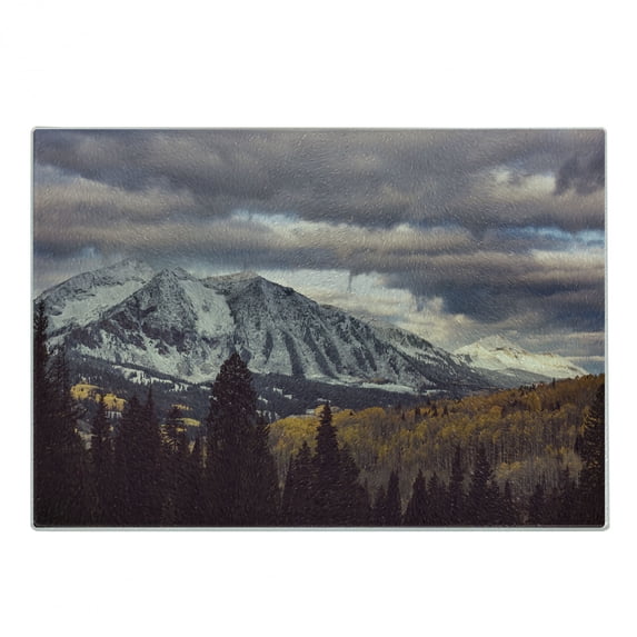 Landscape Cutting Board, Snow-Capped Mountains in Colorado Autumn Season Before Rain Grey Clouds Outdoorsy, Decorative Tempered Glass Cutting and Serving Board, in 3 Sizes, by Ambesonne