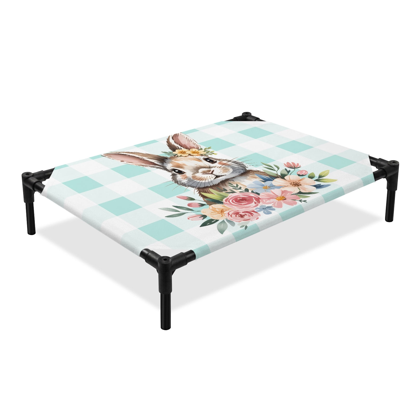Easter Rabbits Elevated Dog Bed Watercolor Bunny Flower Leaf Teal Green Plaid Cooling Breathable Outdoor Raised Dog Cot Bed with Metal Frame Non-Slip Feet for Large Dog 28x22in