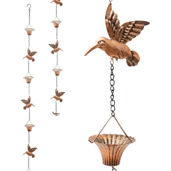 Wekvgz Rain Chain for Gutters Outside Rustproof Rain Catcher Chain with 7 Metal Cups and Hummingbird Decor Functional Replacement for Downspout