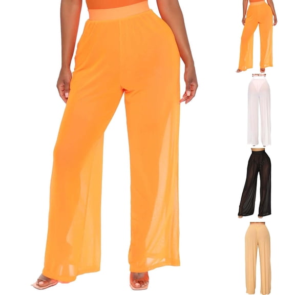 YVNAURA Crochet Beach Cover Up Pants for Women Wide Leg Swimsuit Cover Ups Elastic Drawstring Waist Breezy Mesh Pants Summer Resort, Orange,L