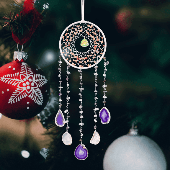 Bohemian Dreamcatcher Wall Hanging, Handmade with Pink Crystal and Agate, Macrame Home Decor for Bedroom Living Room Garden