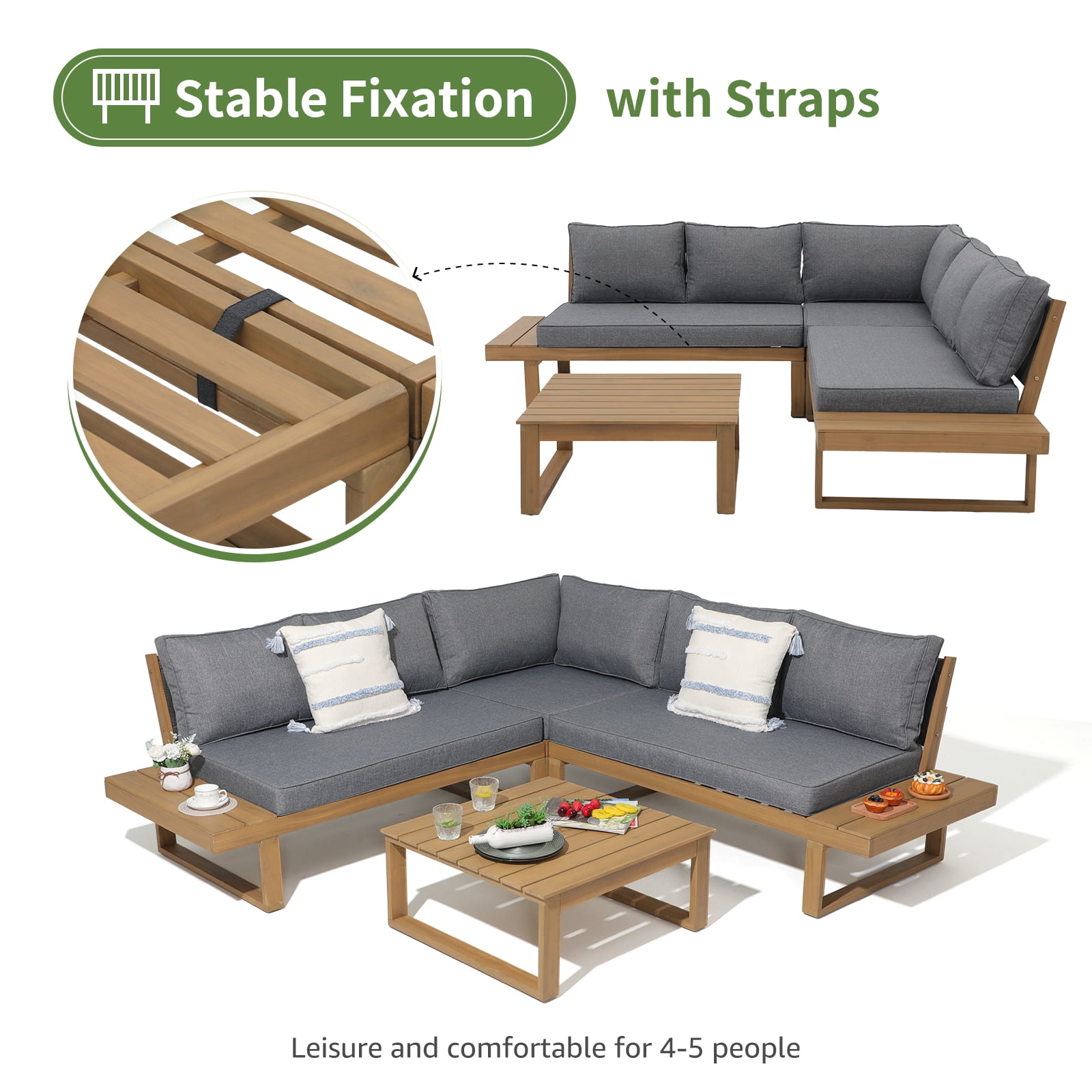 JOIVI Outdoor 4-Piece Acacia Wood Furniture Set, All-Weather Patio Sectional Sofa Set, Rope Lounge Couch with Wood Table, Gray Cushion