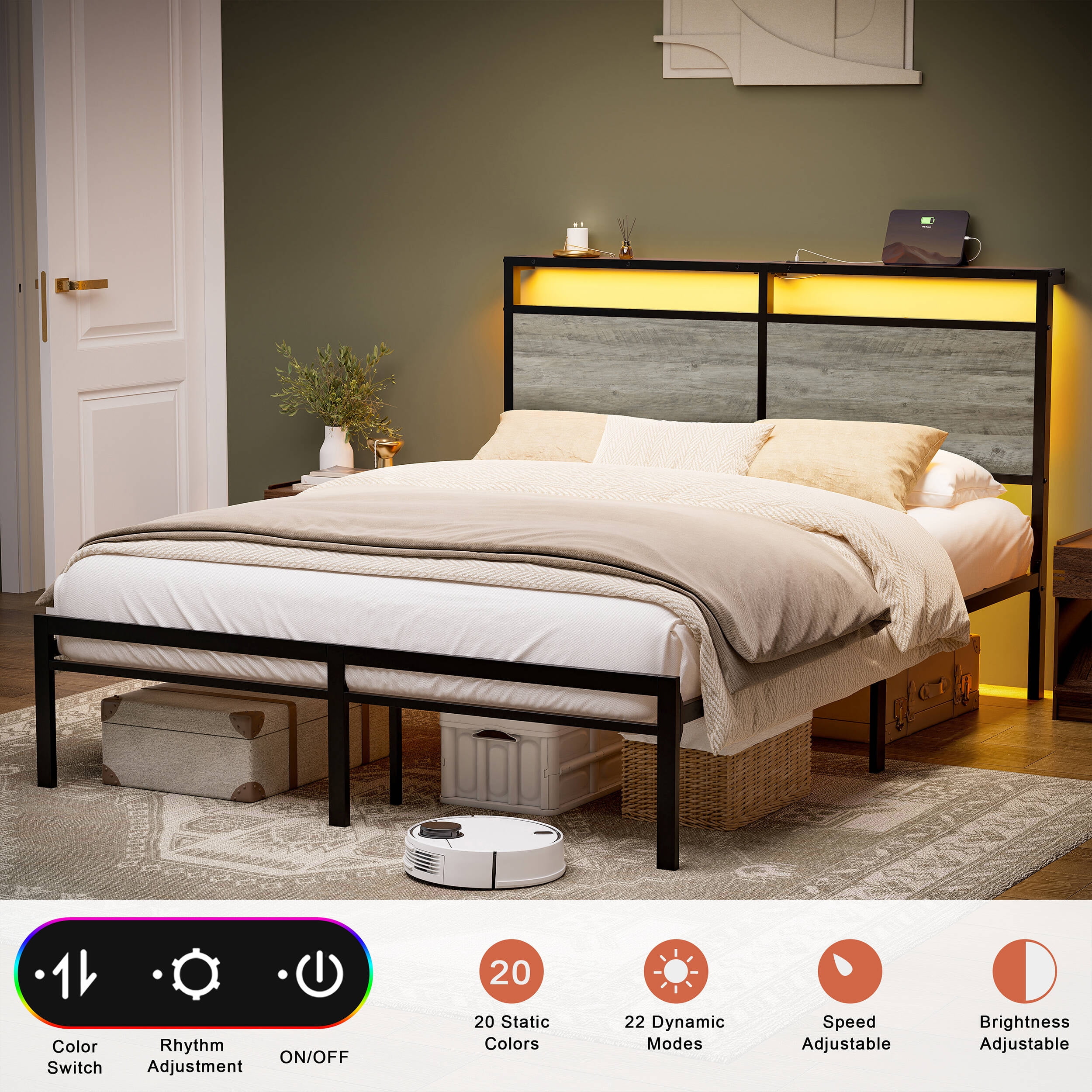 GUNAITO Queen Bed Frame with Headboard Metal Platform Bed with LED Lights and Charging Statio, Grey