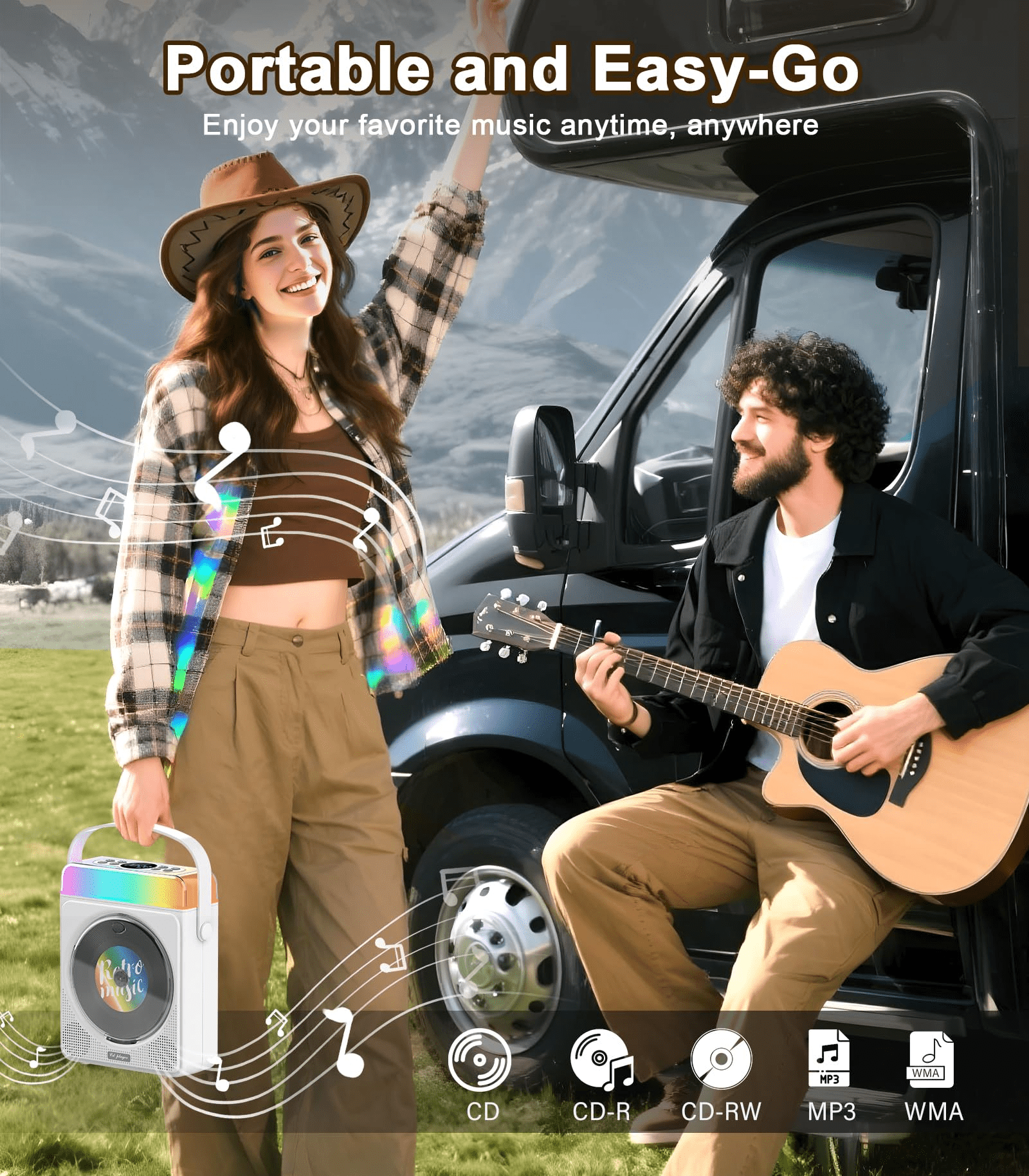 4000mAh Portable CD Player with Bluetooth & RGB Lights,  Rechargeable Personal CD Player with Speakers & Remote, Bass Boost, USB/TF/AUX Support, for Home/Outdoor Use (White）