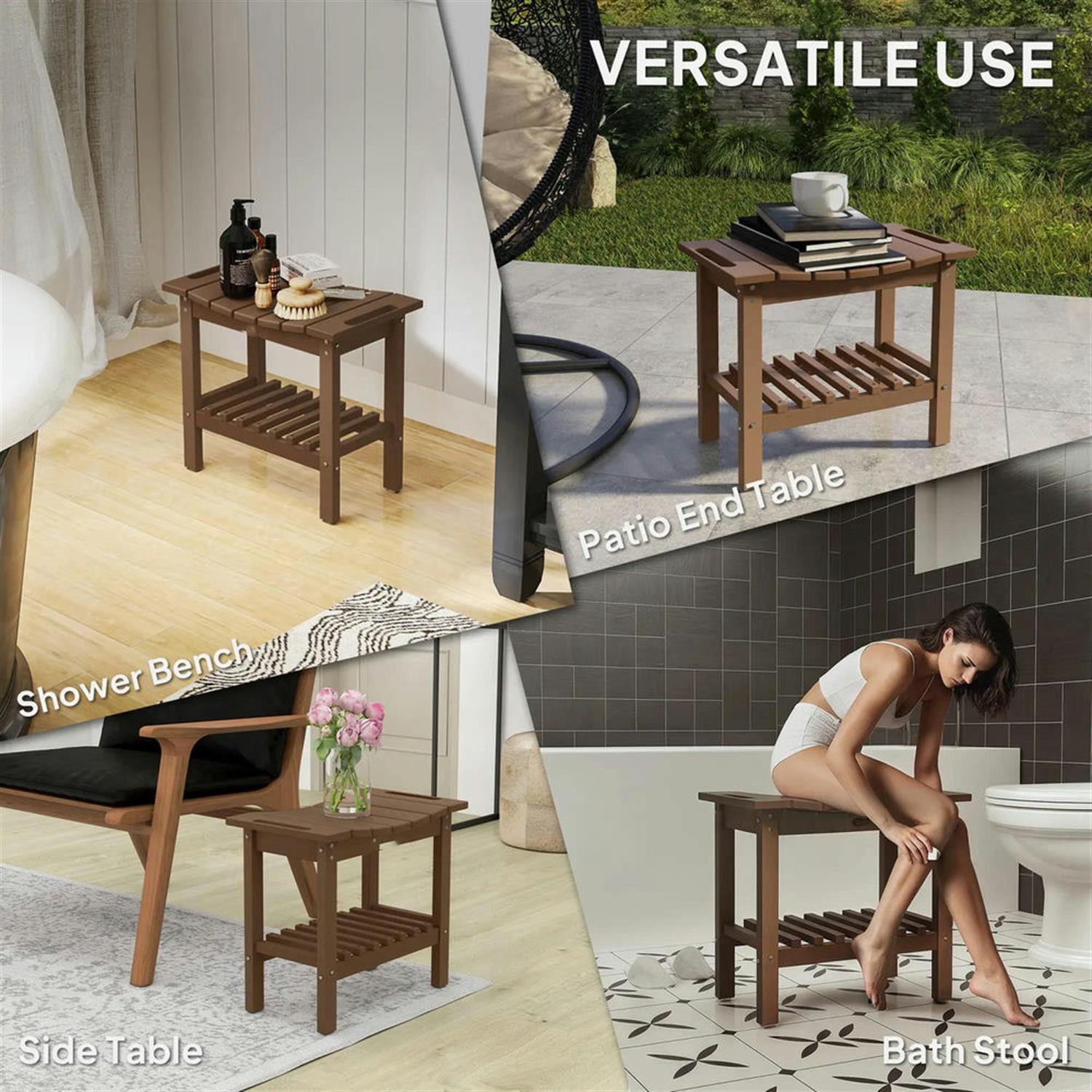 Demi Bonn 20" HDPE Shower Bench, Waterproof Stool with Handle, Storage Shelf, Non-Slip Pads, Indoor/Outdoor for Bathroom, Brown