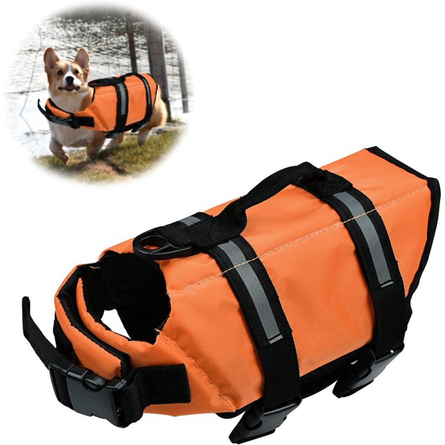 Chaleco salvavidas para perros naranja, M, chaleco salvavidas reflectante para mascotas, chaleco salvavidas para perros con asa, cinturón ajustable para nadar y surfear