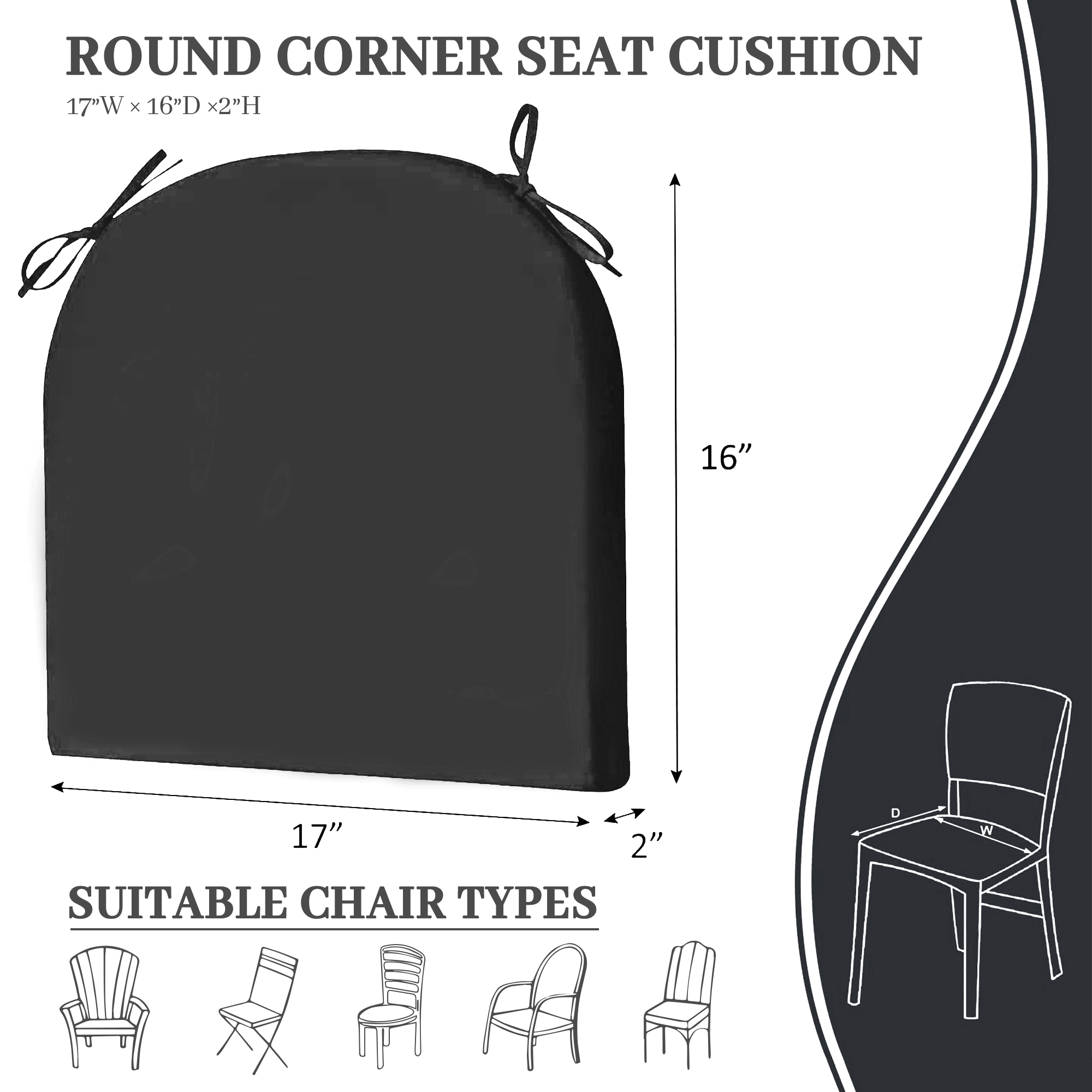 UNIKOME Outdoor Patio Chair Cushions Pack of 4,Water Resistant Patio Decor Chair Seat Cushions with Ties, Sponge Filling Round Corner Seat Cushions for Backyard Patio Chair, 17"x16"x2", Black