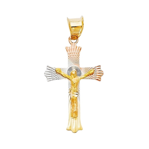 14K Tri Color Gold Diamond Cut Crucifix Jesus Cross Stamp Religious Charm Pendant for Men Women | Gift for Men Women | 22 x 15 MM | 0.8 grams