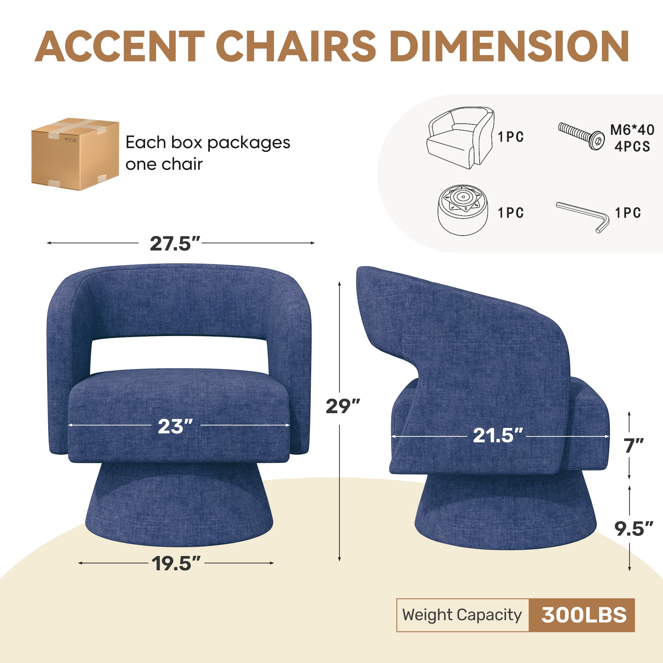 MOONMISS Oversized Chenille Swivel Barrel Accent Chair,Modern Comfy Round Arm Upholstered Armchair for Living Room,Blue