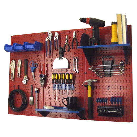 4ft Metal Pegboard Standard Tool Storage Kit - Red Toolboard & Blue Accessories