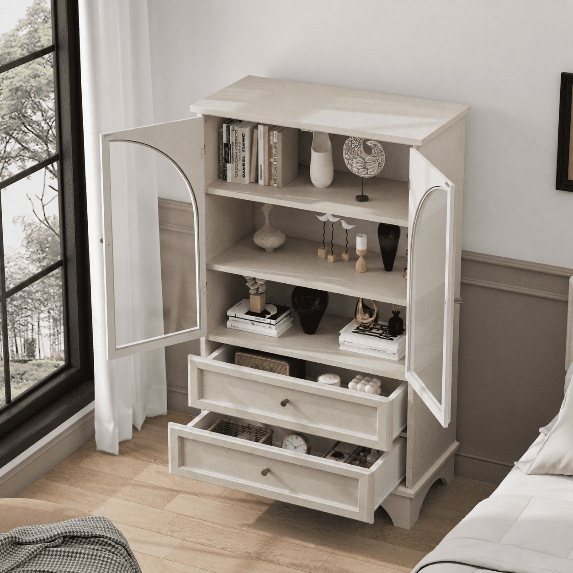 52.17"H Storage Cabinet with 2 Drawers and Adjustable Shelf,Modern Glass Door Curio Cabinet for Living Room,Bedroom,Kitchen,Office,White