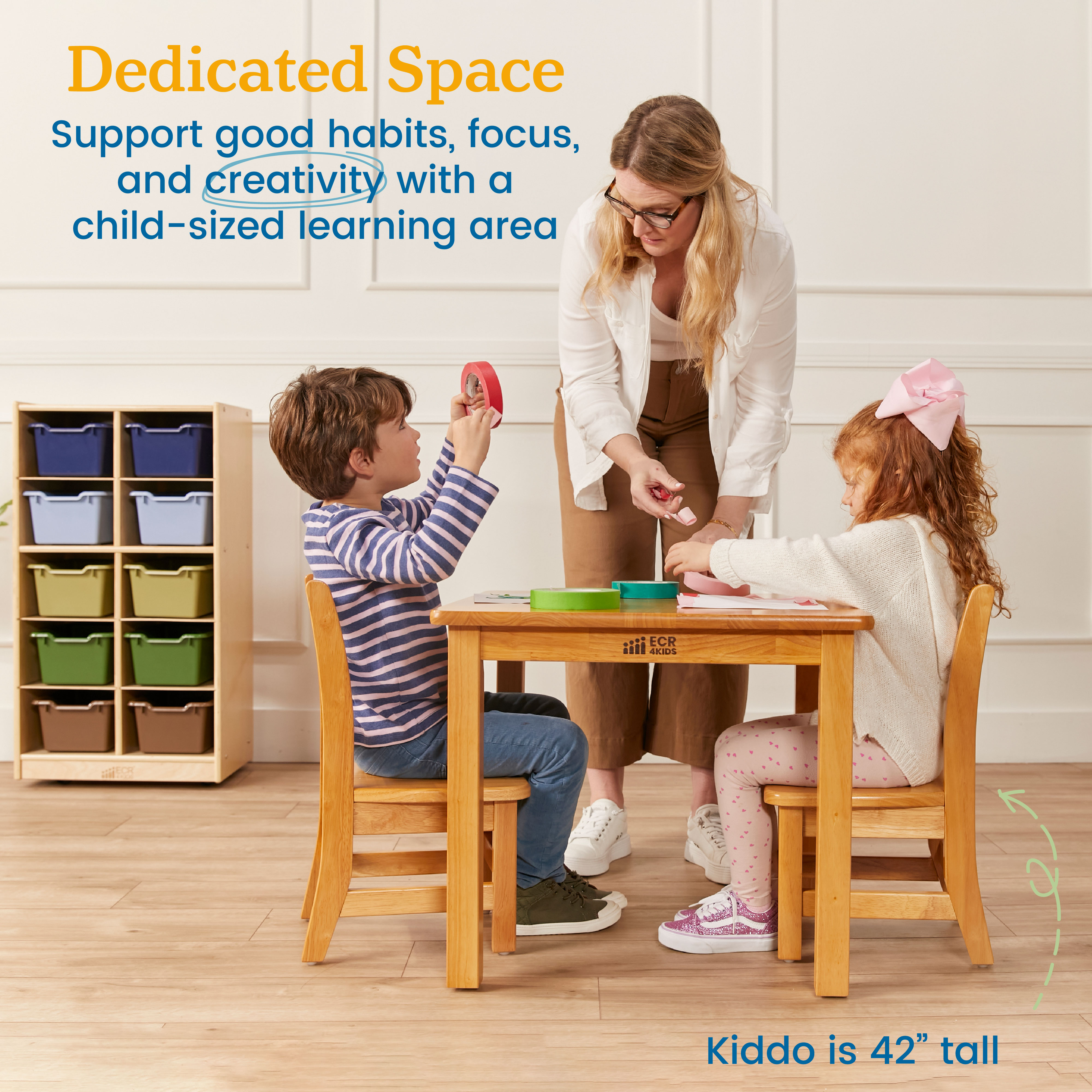 ECR4Kids 24in Square Hardwood Table with 20in Legs and 10in Chairs, Kids Furniture, Honey, 3-Piece