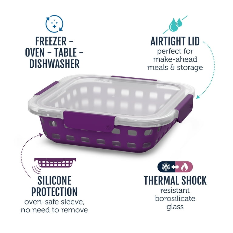 Ello Glass 2 Qt 8x8 Plum Purple Duraglass Baking Dish with Oven Safe  Silicone Sleeve 
