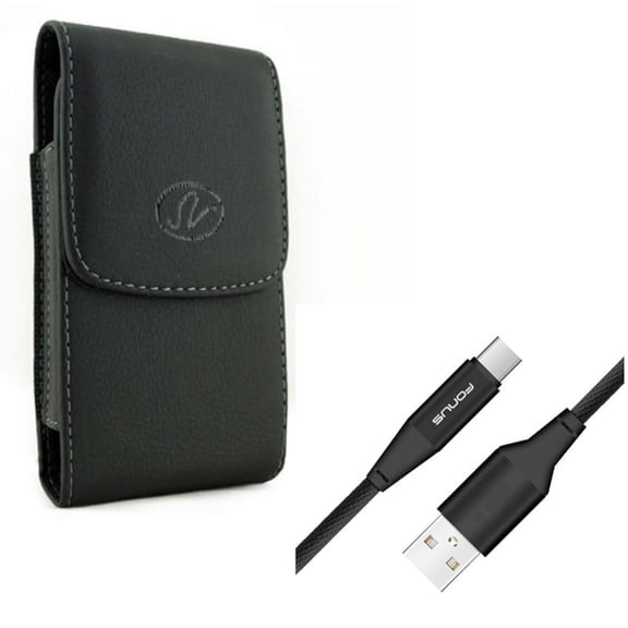 Black Leather Side Case Cover Pouch Holder w Durable Cotton Braided 6ft Long Type-C USB Cable Sync Wire E3R for Motorola Moto Z Force Droid G7 Power - OnePlus 6, 6T - Razer Phone 2