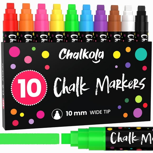 Chalkola 10 Chalk Markers for Chalkboard, Blackboard, Window, Bistro, Car Glass, Board, Mirror - 10mm 3-in-1 Wide Nib