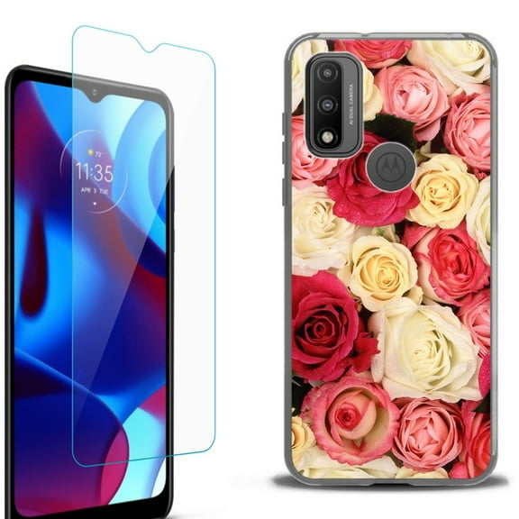 Slim-Fit Fashion Phone Case for Motorola Moto G Pure, with Tempered Glass Screen Protector, by OneToughShield ® - Rose Bouquet