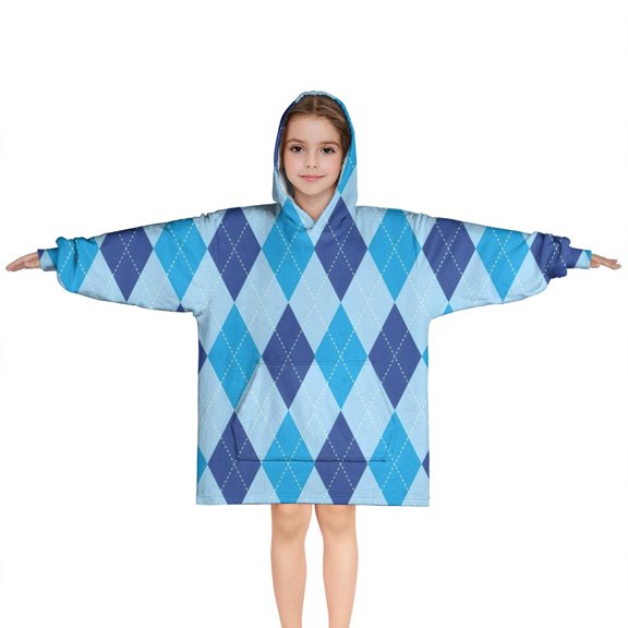 Light Blue and Dark Blue Argyle Pattern Blanket Hoodies for Kids 6-13YR Oversize Wearable Blanket Hoodies for Boys Girls Teens