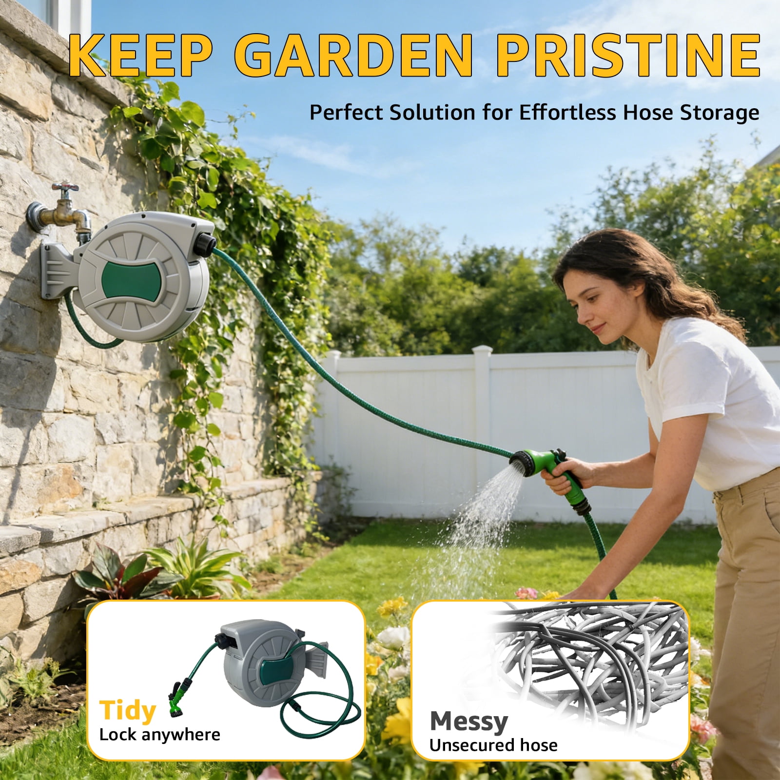 XYJBHB 100 FT Retractable Garden Hose Reel 1/2", Heavy Duty Wall Mounted Water Hose with 150 PSI Anti-Kink Pipe, All-Weather Durable, 180° Swivel & 7-Pattern Nozzle for Car Wash, Pet Bath & Gardening