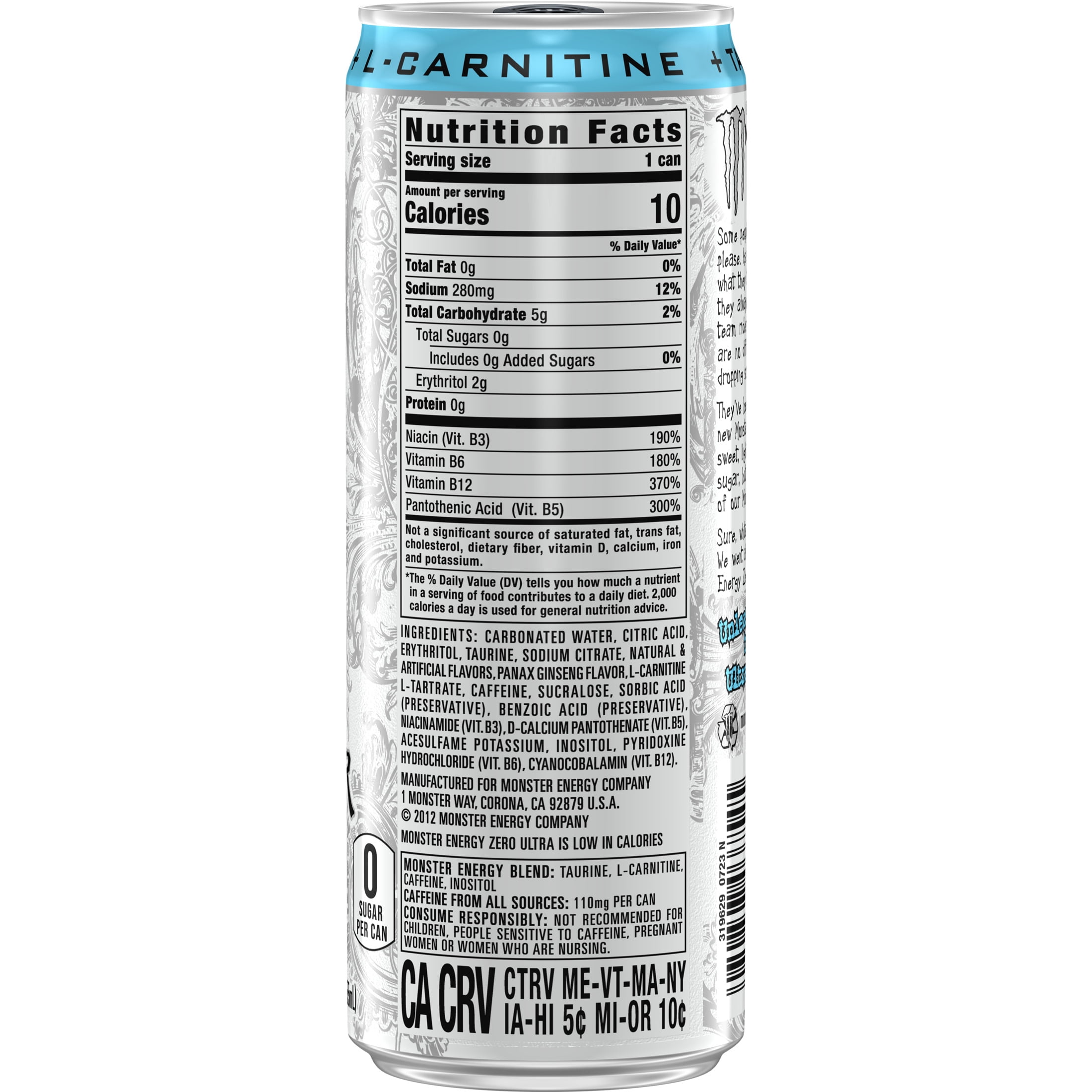 Monster Energy Zero Ultra Sugar Free Energy Drink 12oz Can