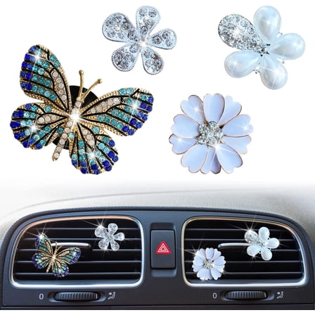 Bling Flower Air Vent Clips, 4 Pcs Blue Butterfly Car Air Fresheners Vent Clips Car Diffuser Diamond Car Decoration Car Interior Decor Daisy Cute Car Accessories for Women Girls