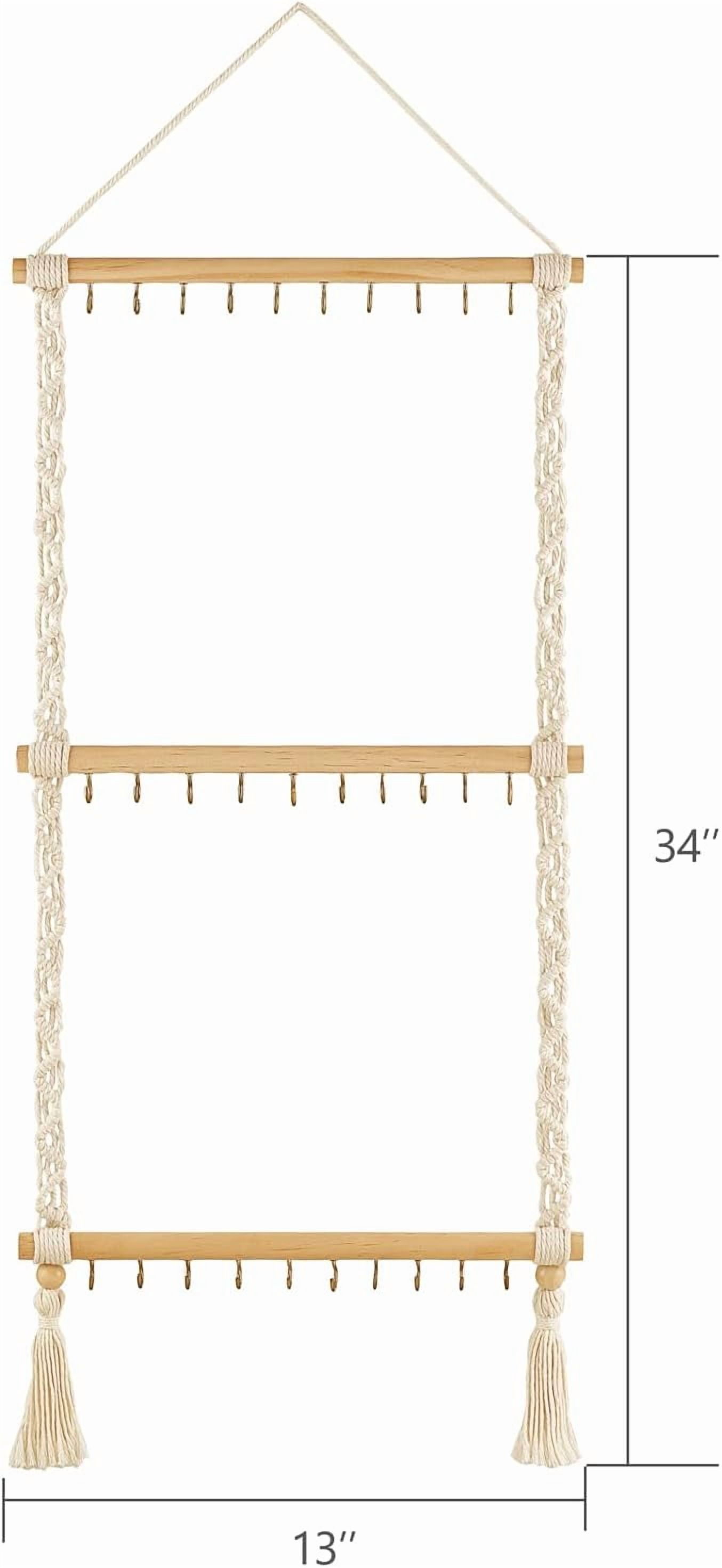 Dahey Hanging Jewelry Organizer Macrame Necklace Holder with 30 Hooks Wall Mounted Jewelry Hanger Over Door Necklace Rack with Tassel for Necklace Bracelet Earring Headband Bow Organizer