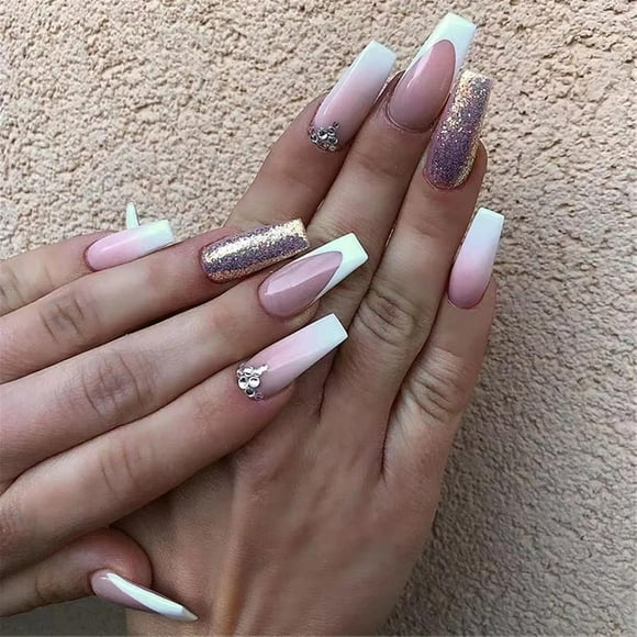 Press on Nails Long Coffin Fake Nails Nude False Nails with Ombre French Design Glossy Stick on Nails for Women 664