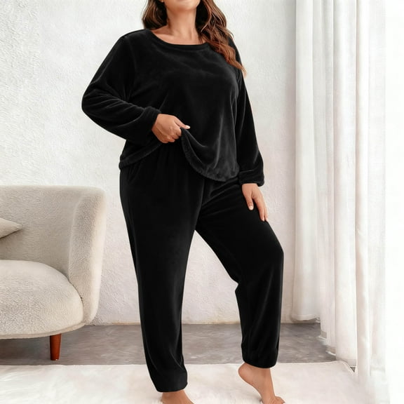 Censtreet Plus Size Women's Winter Pajama Set, 2 Piece Fleece Warm Pajamas, Long Sleeve Round Neck Top and Elastic Waist Pants