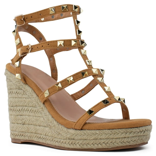 Room Of Fashion - Open Square Toe Studded Strappy Espadrille Platform ...