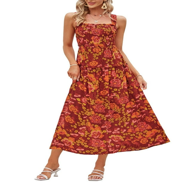 Summer Women Pleated Maxi Dress Solid/Print Ruched Bust Open Back